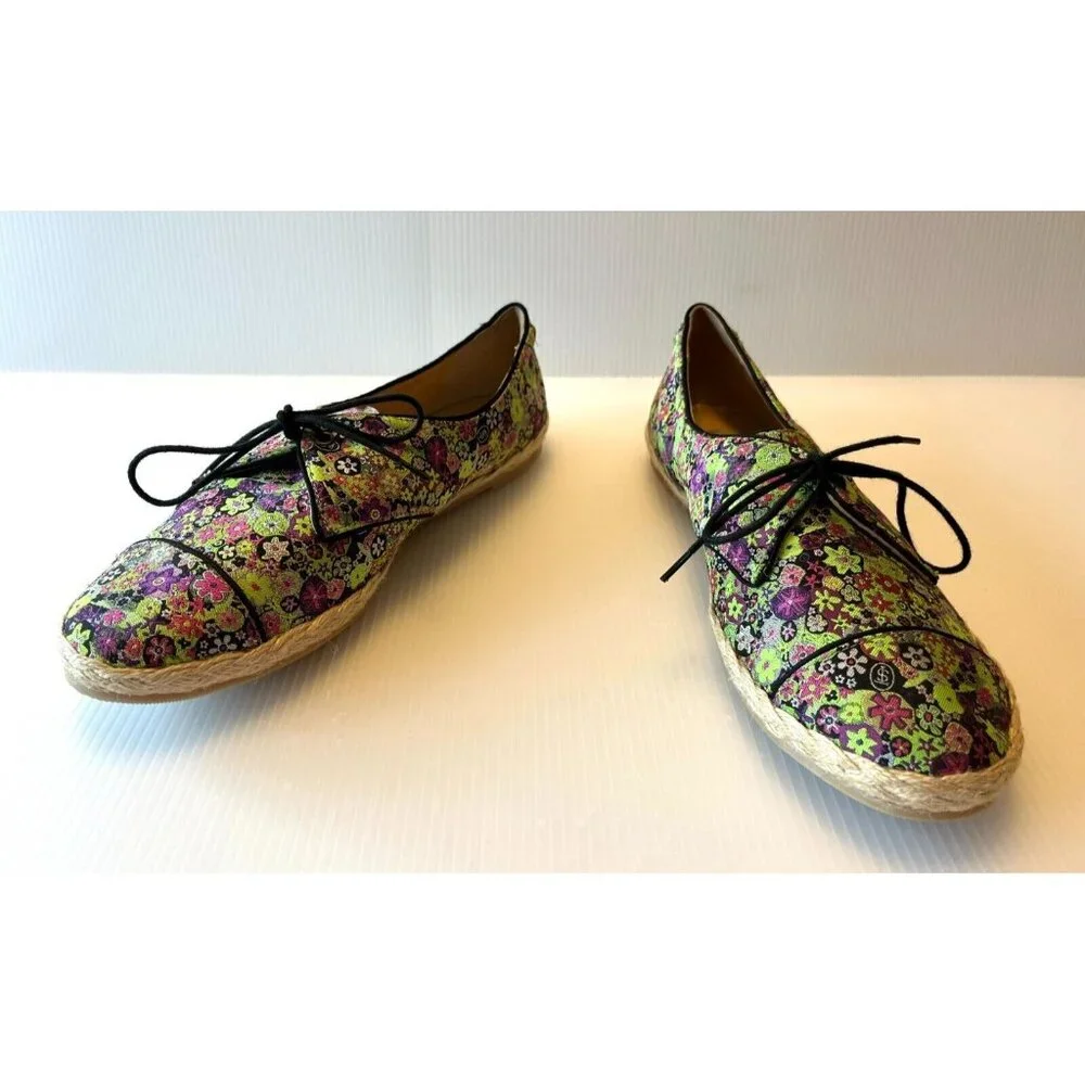 Tabitha Simmons Purple & Green Floral Espadrille Lace-Up Flats Sz 8.5 US 39 EUR